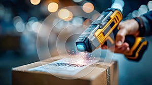 Handheld barcode scanner reading a shipping label on a cardboard package inside a busy warehouse