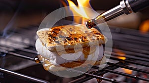 A handheld blowtorch being used to caramelize the marshmallow before adding it to the smore adding an extra layer of