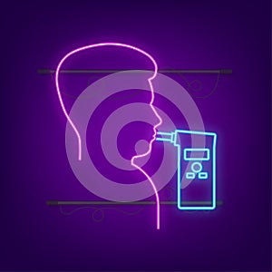 Handheld Breath Alcohol Tester Analyzer Electronic Device, neon icon. Vector stock illustration