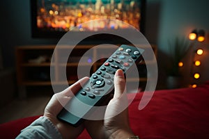 Handheld control close up of a womans hand with TV remote