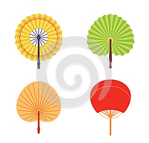 Handheld fan. Colorful paper traditional accessories. Japanese folding hand fan or cooling. Traditional female attribute