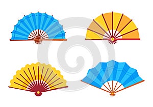 Handheld fan. Traditional chinese or japanese accessory. Open colorful asian culture souvenirs. Folding cooling hand