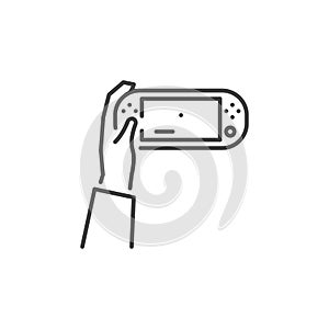 Handheld Game Console in hand vector outline icon