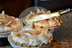 handheld kitchen torch browning meringue on individual pies photo