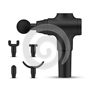 Handheld percussion massager massage gun with nozzles realistic vector illustration