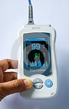 Handheld Pulse oximeter, Medical device used to monitor blood oxygen in the patients in the hospital .
