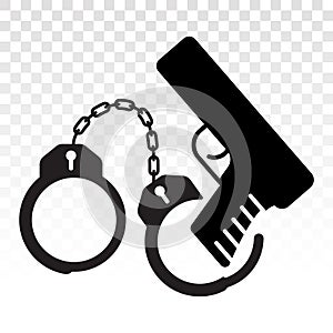 Handheld revolver gun / pistol with handcuffs flat icon on a transparent background