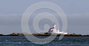 Handheld shot of a lighthouse on the coastline
