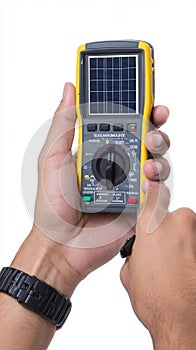 Handheld solar power meter in use