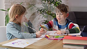 Handheld video of polite sibling doing homework together at home.