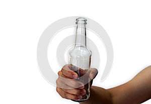 Handholding blank bottled water on the palm isolated on a white background. Save the water concept. Object with clipping path.