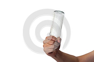 Handholding blank bottled water on the palm isolated on a white background. Save the water concept. Object with clipping path.