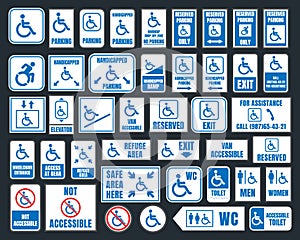 Handicap icons, parking and toilet signs, disabled people