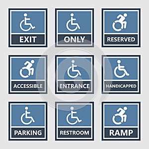 Handicap icons, parking and toilet signs, disabled people