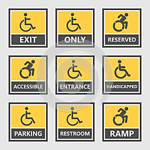 Handicap labels and signs, disabled people icons and stickers