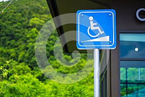 Handicap ramp access symbol. Wheelchair way or parking sign, con