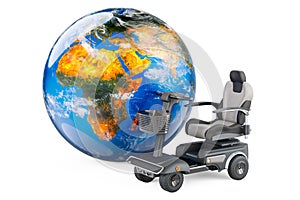 Handicap scooter with Earth Globe, 3D rendering photo