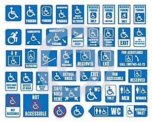 Handicap signs, wc and parking icons, disabled people