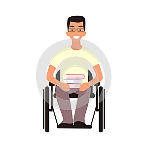 Handicap student sit in whilechair. Disabled teen. Person with disabilities. Teenager with physical disorder. Flat cartoon