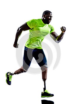 Handicapped man joggers runners running with legs prosthesis si