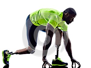 Handicapped man joggers starting line legs prosthesis silhouette