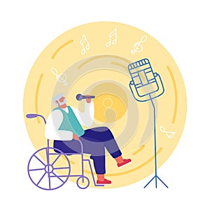 Handicapped Senior Man Sitting in Wheelchair Singing at Karaoke Bar. Disabled Male Character Enjoying Life