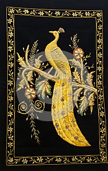 Handicraft Embroidery Work Showing Golden Peacock