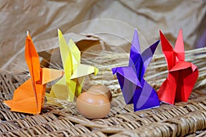 Handicraft origami rabbits from paper. Easter bunnies