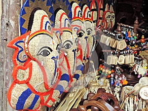 Handicraft shop selling jute masks in a shop in Kerala - India tourism