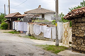 Handicrafts on display in street, Arbanasi, Bulgaria