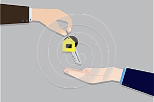 Handing over house keys. Hands with a key with a house keychain. Sale concept. Vector illustration. Stock image