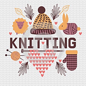 Handknitting banner vector illustration. Needle, tangle of thread. Making clothes by handknit, needlework, sewing, ball