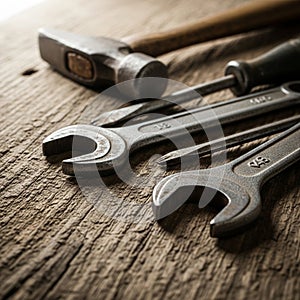 Handle a flathead screwdriver and open end wrenches marked with