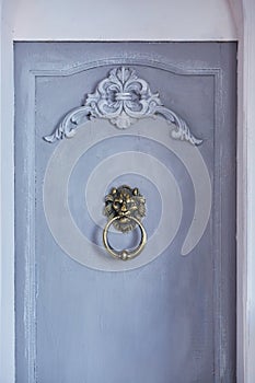 The handle in the form of a lion\'s head on the door.