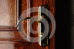 The handle is a golden color on the mahogany door. Dimmed lights.