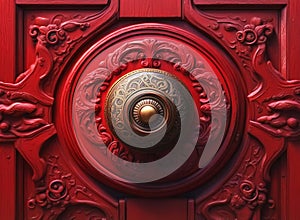Handle on red old wooden door. AI generated