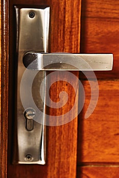 Handle with stainless steel lock on a brown wooden door.