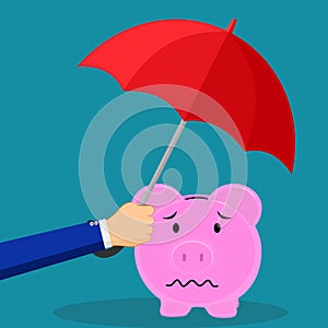 Handle the umbrella to protect the piggy bank. financial savings concept. Vector