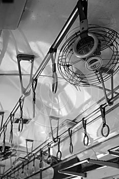 Handles and ventilator on ceiling for standing passenger inside a train Thailand