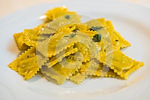 Handmade agnolotti, type of ravioli, typical Italian egg pasta