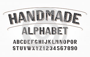 Handmade alphabet font. Vintage messy handwritten letters and numbers.