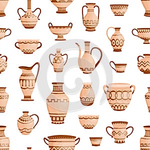 Handmade antique greek pottery seamless pattern. Ancient vases decorated by hellenic ornaments vector flat illustration