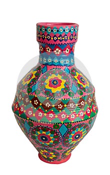 Handmade artistic pained colorful pottery vase isolated on white