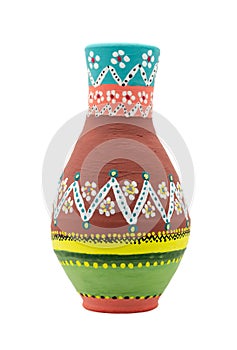 Handmade artistic pained colorful pottery vase isolated on white including clipping path