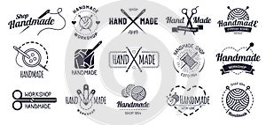 Handmade badges. Hipster craft badge, vintage workshop labels and handcraft logo vector illustration set