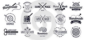 Handmade badges. Hipster craft badge, vintage workshop labels and handcraft logo vector illustration set photo