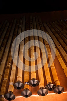 Handmade bamboo shrill pipes in display