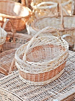 Handmade baskets for sale at a souvenir market in Romania. Traditional Romanian handmade wood baskets