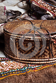 Handmade birch bark box. Products of the nomadic tribe of the Nenets.