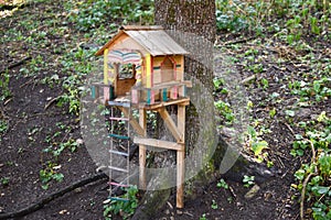 Handmade birdhouse in park, wooden bird house on tree. care for wild birds